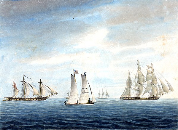 Cleopatra towing Thetis towards the Chesapeake on 31 December 1794