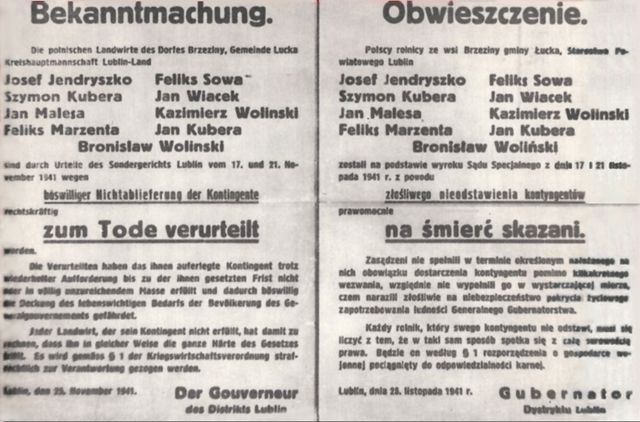 German announcement of the execution of 9 Polish farmers for not fulfilling quotas. Signed by the governor of Lublin district on 25 November 1941