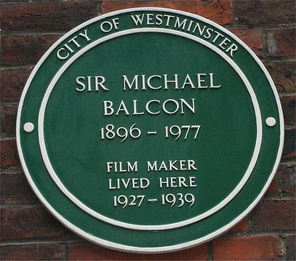 Green plaque on Balcon's house in Tufton Street, Westminster