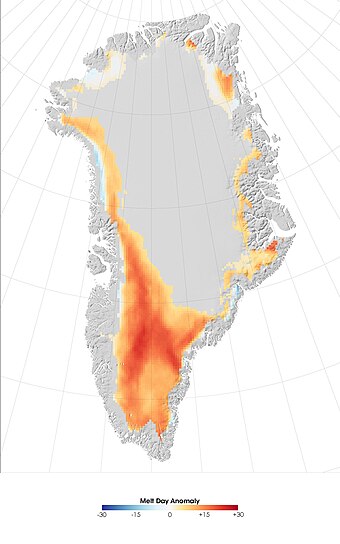 Greenland 2007 melt, measured as the difference between the number of days on which melting occurred in 2007 compared to the average annual melting days from 1988 to 2006[87]