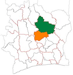 Location of Hambol Region (green) in Ivory Coast and in Vallée du Bandama District