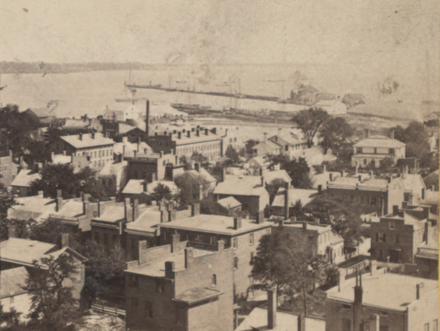New Haven's harbor and long wharf as seen from Depot Tower, c. 1849