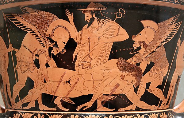 Hermes watches Hypnos and Thanatos carry the dead Sarpedon from the battlefield at Troy (Euphronios Krater)