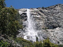 Tueeulala Falls, 840 ft (260 m), is located on the north side of the valley. HetchHetchyWaterfall.jpg