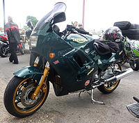 Mid-1990s Triumph Trophy tourer with the 900 cc triple engine. The small Union flag was then a standard feature on all Triumphs except the Thunderbird Hinckley Triumph Trophy 900cc.jpg