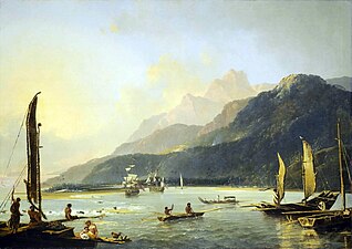 William Hodges, La Résolution et l'Aventure dans la Baie de Matavai (Tahiti), (1776), Royal Museums Greenwich (en).