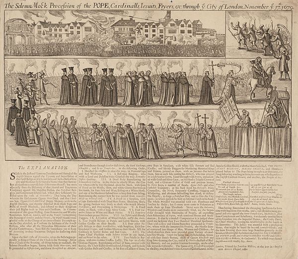 Broadside, "The Solemn Mock Procession of the POPE, Cardinalls, Iesuits, Fryers etc: through ye City of London, November ye 17th. 1679."