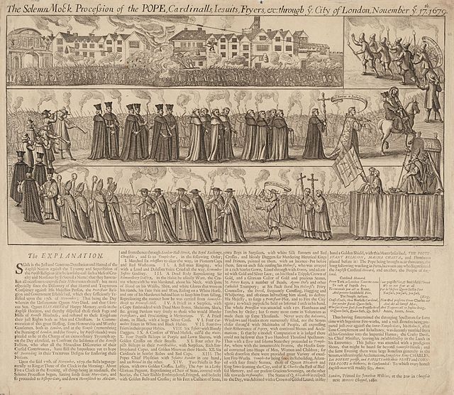Broadside, "The Solemn Mock Procession of the POPE, Cardinalls, Iesuits, Fryers etc: through ye City of London, November ye 17th. 1679."