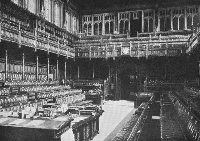 The old Chamber of the House of Commons built by Sir Charles Barry was destroyed by German bombs during the Second World War. The essential features o