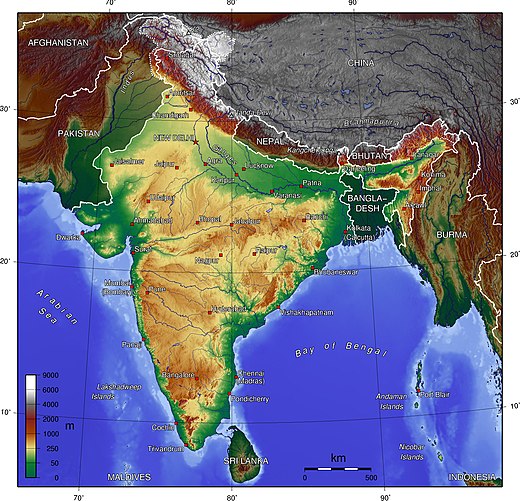 Topografische reliëfkaart van India