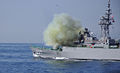 JS Yūbari fires her 375mm Bofors on 21 October 2009.