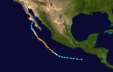 A map of the path of a hurricane near and over the Pacific coast of Mexico. The hurricane parallels the coast for much of its existence, first by moving westward, and then by assuming an extended, somewhat bumpy, but overall northwestward motion. A turn to the north-northeast brings it over the Baja California peninsula and the Gulf of California before it dissipates over the mainland of northwestern Mexico.