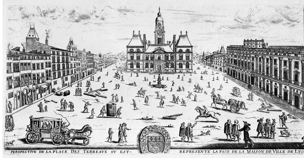 Place des Terreaux à Lyon en 1653 : Perspective après achèvement de l'abbaye.