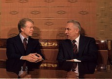 Edward Gierek (right) with President Jimmy Carter (left) during his state visit to Warsaw, 1977. The loans were among the chief topics discussed Jimmy Carter and Edward Gierek First Secretary of Poland - NARA - 177308.jpg