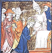 A medieval depiction of the coronation of the Emperor Charlemagne in 800 CE. The bishops and cardinals wear Tyrian purple, and the Pope wears white.