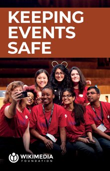 The "Keeping events safe" booklet in PDF form. Its cover depicts a group of Wikimania 2014 volunteers taking a selfie.