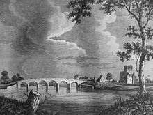 View of Kelso in the late 18th century Kelso Abbey and the auld brig in the late 18th century.JPG