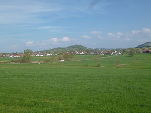 View from the west of the Grafenberg with small bedlings in the foreground.  On the right the higher Floriansberg.