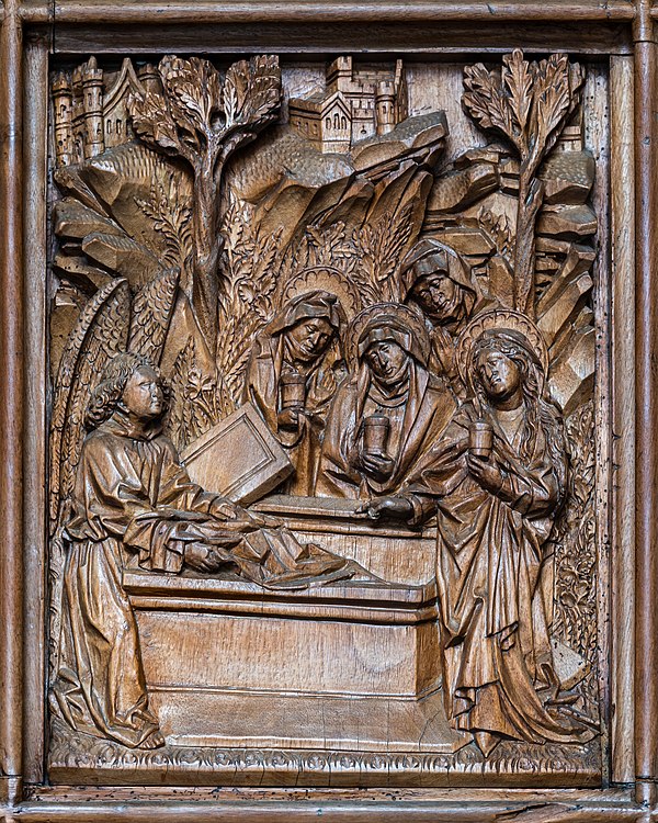 The three Marys at the Tomb of Christ (1470) at the west portal of Konstanz Minster, Baden-Württemberg, Germany