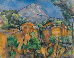 Paul Cezanne, ca.1897, Mont Sainte-Victoire seen from the Bibemus Quarry, oil on canvas, 65 x 81 cm, Baltimore Museum of Art. In order to express the mountain's grandeur, Cezanne manipulated the scene by painting the mountain twice as large as it would have appeared, and tipped forward so that it would rise up rather than slope backwards La Montagne Sainte-Victoire vue de la carriere Bibemus, par Paul Cezanne.jpg
