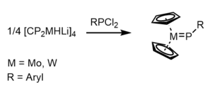 Lappert and coworkers' synthesis of first stable terminal phosphinidene complex Lappert metallocene phosphinidene.png