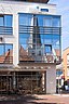 Lingen, church (the evangelisch-reformierte Kirche) mirrored in the Kornblume windows