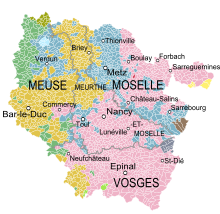 Carte du duché de Lorraine en 1766. Ce duché recouvre l'essentiel des départements actuels des Vosges et de Meurthe-et-Moselle, de la Moselle (hors le sillon Metz-Thionville) et, pour la Meuse, les environs de Commercy.