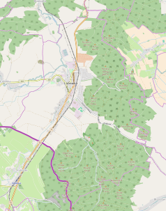 Mapa konturowa Lubawki, blisko centrum po prawej na dole znajduje się punkt z opisem „Krucza Skała w Lubawce”