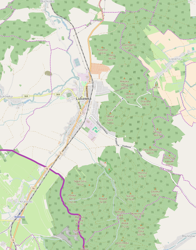 Mapa konturowa Lubawki, blisko centrum na prawo znajduje się punkt z opisem „Kościół św. Krzysztofa”