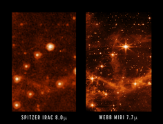 Suuri Magellanin pilvi: Spitzerin infra­puna­kamera­ryhmän (IRAC) kuva ja Webbin keski-infrapuna-instrumentin (MIRI) kuva.