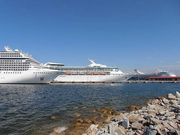 Cruise ships MSC Poesia, Vision of the Seas, and Mein Schiff Herz at Tallinn Passenger Port in Estonia