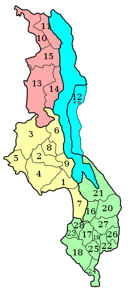 Klikalna mapa Malawi przedstawiająca 28 dzielnic.
