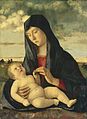 Giovanni BelliniVenetian, c. 1430/1435 - 1516Madonna and Child in a LandscapeQ20174296c. 1480/1485oil on paneloverall: 71.7 x 52.8 cm (28 1/4 x 20 13/16 in.)framed: 115.4 x 97.6 x 6.2 cm (45 7/16 x 38 7/16 x 2 7/16 in.)http://www.nga.gov/content/ngaweb/Collection/art-object-page.33254.htmlRalph and Mary Booth Collection1946.19.1