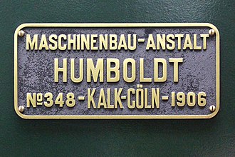 Manufacturer's plate from a Mallet locomotive, that Humboldt built in 1906 for the Brohl Valley Railway Mallet-Lok 11sm (2015-10-04 4265) Typenschild.JPG
