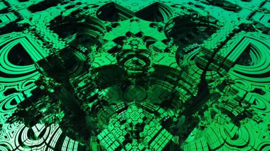 An symmetrical image showing the details of the surface of the Mandelbox