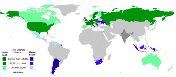 Figure 4. Allocation of Expenses for chapters based on the Global North-Global South classification for 2013. Data for India, Macau, Macedonia and Portugal are missing hence only 36 out of 40 chapters are represented in the map. The color green stands for the Global North and the color blue for the Global South. The darker the gradient of the colors, the higher the value of expenses.