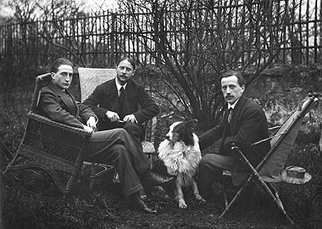 Three Duchamp brothers, left to right: Marcel Duchamp, Jacques Villon, and Raymond Duchamp-Villon in the garden of Jacques Villon's studio in Puteaux, France, 1914, (Smithsonian Institution collections)