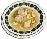 In some parts of Germany, beef soup is served with Markklosschen (bone marrow balls). Markkloesschensuppe.jpg