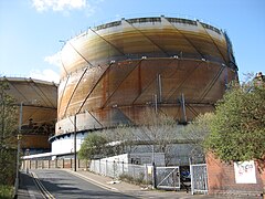 Spiral-guided gas holders at the former Meadow Lane Gas Works in Hunslet, Leeds – these were constructed around 1965.