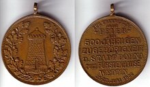 Medaille 1902, zur 500-jährigen Zugehörigkeit Dohnas zum Fürstenhaus Wettin