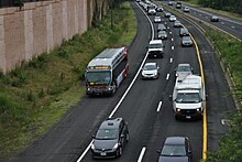 The Dulles Airport Express bypassing traffic using the shoulder lane Metrobus shoulder bypass in Arlington, VA.jpg