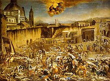 Contemporary engraving of Naples during the Naples Plague in 1656 Micco Spadaro - Largo Mercatello durante la peste a Napoli (1656).jpg