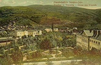 A 1910 postcard of the now abandoned Travnik railway station during the Austro-Hungarian rule (circa 1910) Narrow-Gauge-Railway Spalatobahn Station-Travnik.jpg