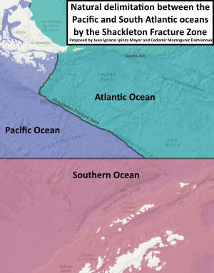 Map showing the proposal presented by the thesis entitled "Natural delimitation between the Pacific and South Atlantic oceans by the Shackleton Fracture Zone". Natural delimitation between the Pacific and South Atlantic oceans by the Shackleton Fracture Zone.svg