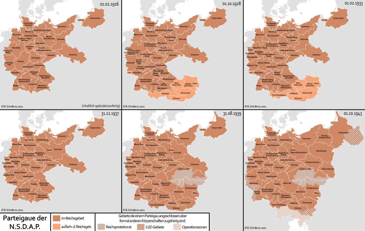 Okręgi NSDAP w latach 1926, 1928, 1933, 1937, 1939 i w 1944