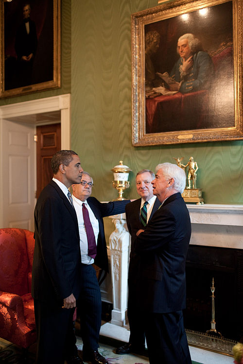 President Barack Obama meeting with Rep. Barney Frank, Sen. Dick Durbin, and Sen. Chris Dodd, at the White House prior to a financial regulatory refor