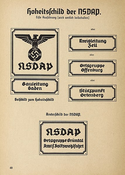 File:Organisationsbuc00nati orig 0070 ORGANISATIONSBUCH DER NSDAP 1936 Parteigenosse Politische Leiter Symbole Uniformen Seite 40 Hoheitsschild der NSDAP (Erste Ausführung) Beischild Ämterschild Nazi Party wall signs No known copyright.jpg