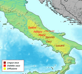 The Oscan language in the 5th century BC. Osco diffusione.gif