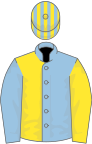 Light blue and yellow (halved), sleeves reversed, light blue and yellow striped cap