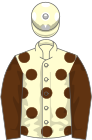 Cream, brown spots, brown sleeves, cream cap with white spots